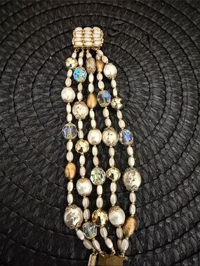 Vendome vintage rare Multi-Strand Gold and Pearl AB glass Bead Bracelet Jewelry